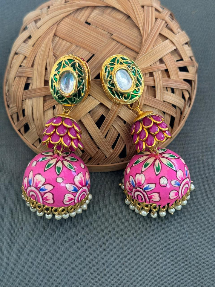 Pink Handpainted | Jhumki Layered Earrings Luxury Wear