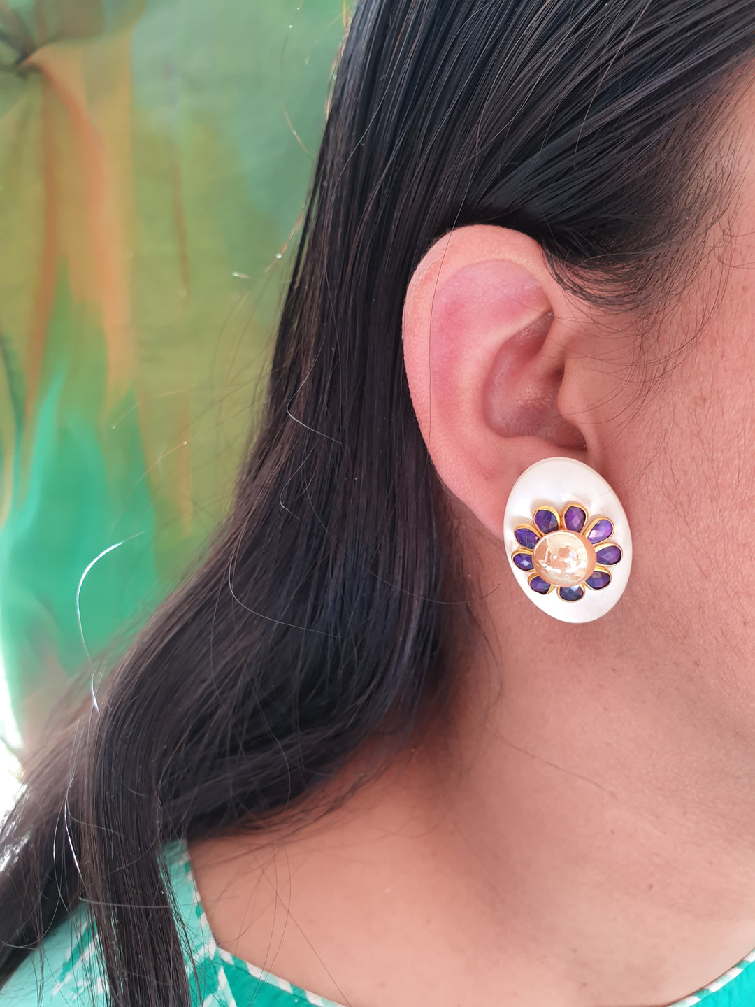 Dark Blue Paachi | Kundan Pearl Stud Earrings Fashionable