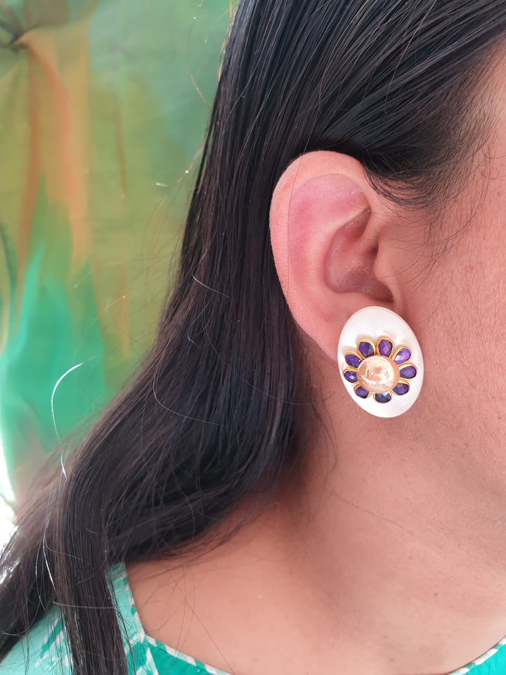 Dark Blue Paachi | Kundan Pearl Stud Earrings Fashionable