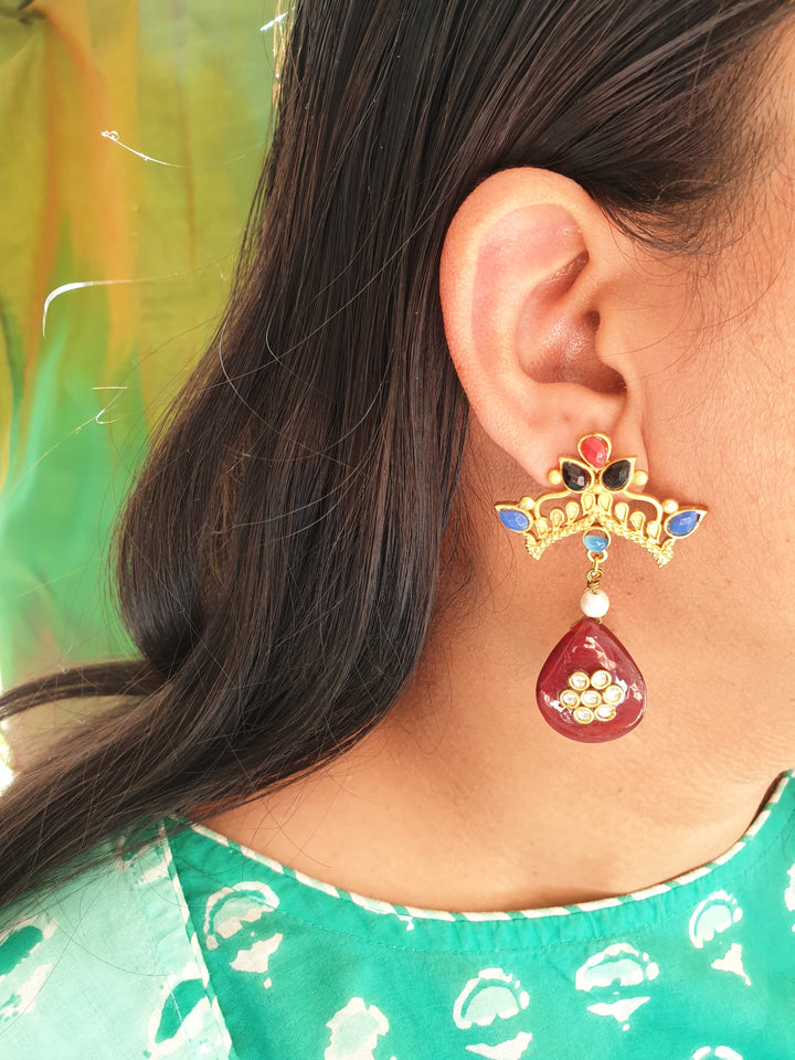 Maroon Stone Gold | Matte Drop Earrings Trendy