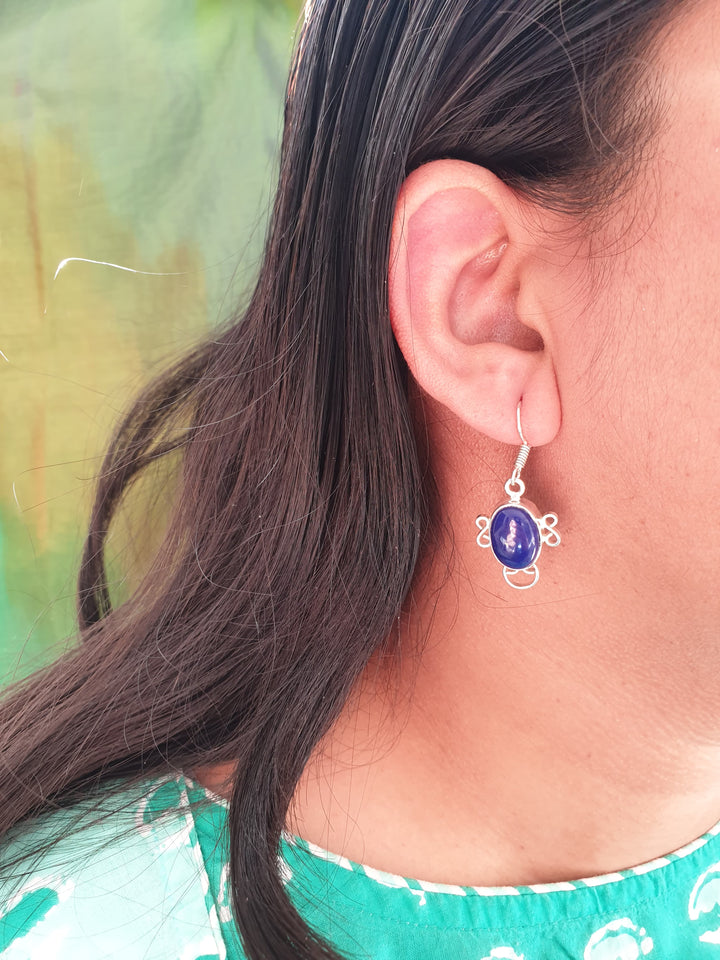 Dark Blue Stone | Silver Oxidised Drop Earrings Fashionable