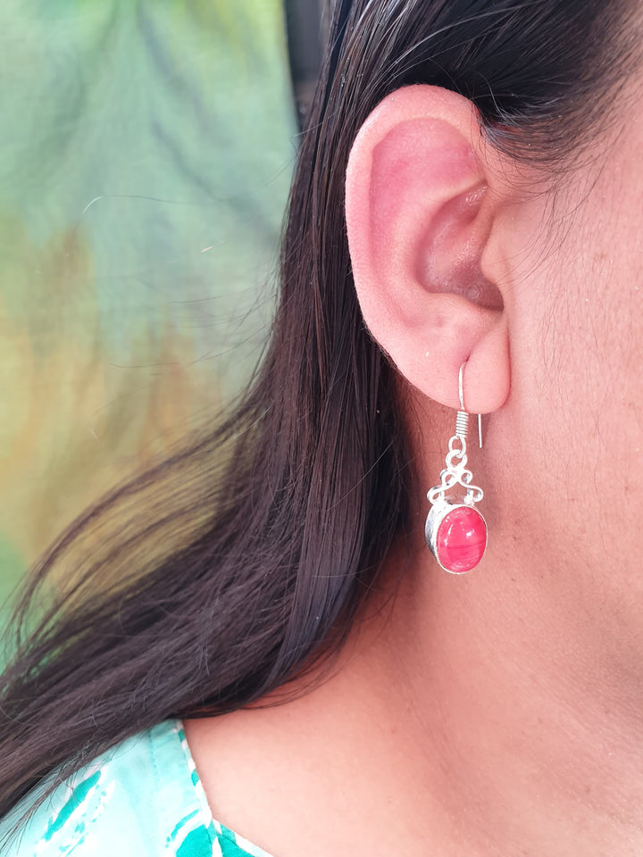 Red Stone | Silver Oxidised Earrings Luxury Wear
