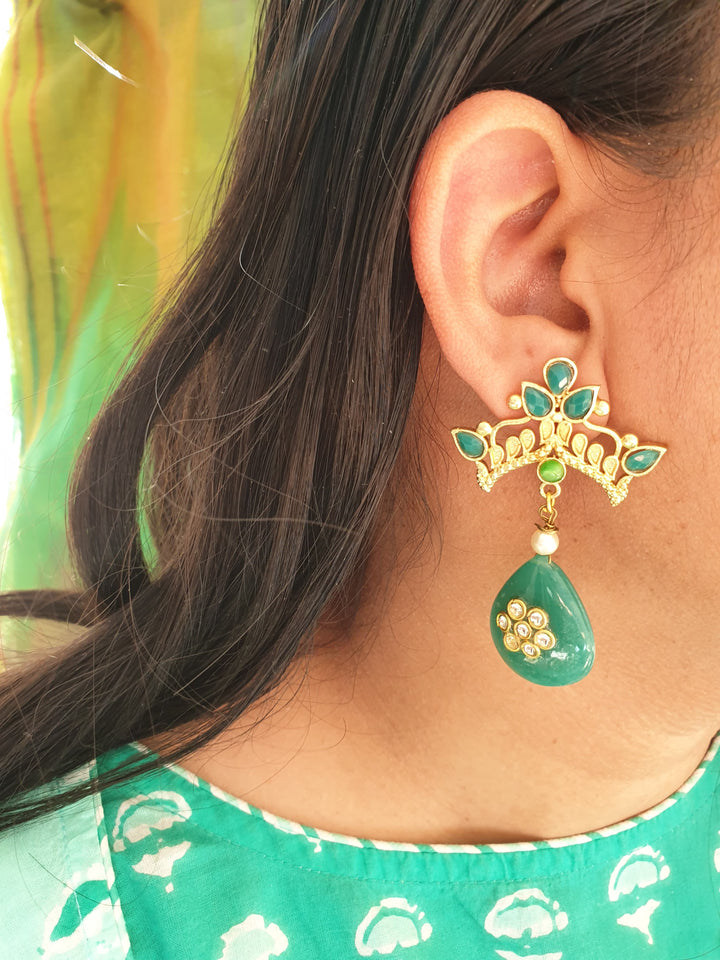 Dark Green Stone | Gold Matte Drop Earrings Fashionable