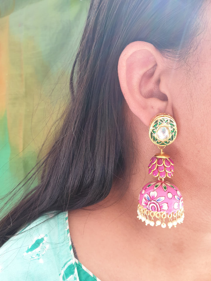 Pink Handpainted | Jhumki Layered Earrings Luxury Wear