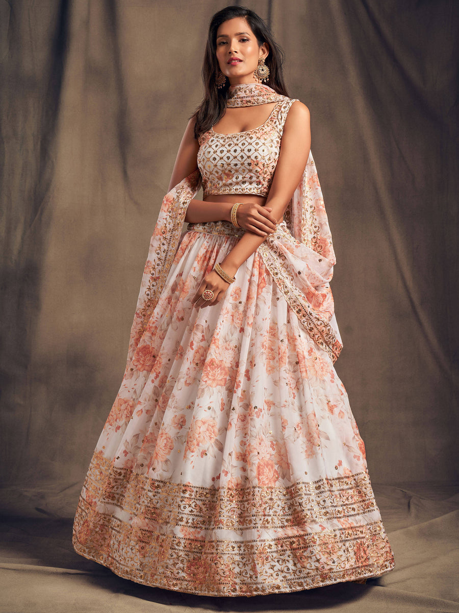 White floral print bridal lehenga with zari and sequin embroidery