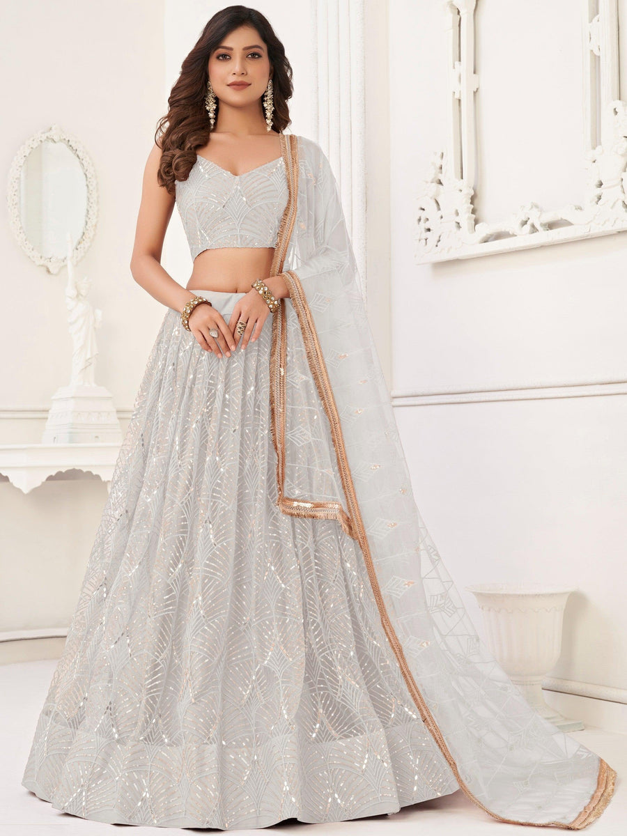 White Sequins Net Wedding Lehenga Choli with Dupatta | SilverBin