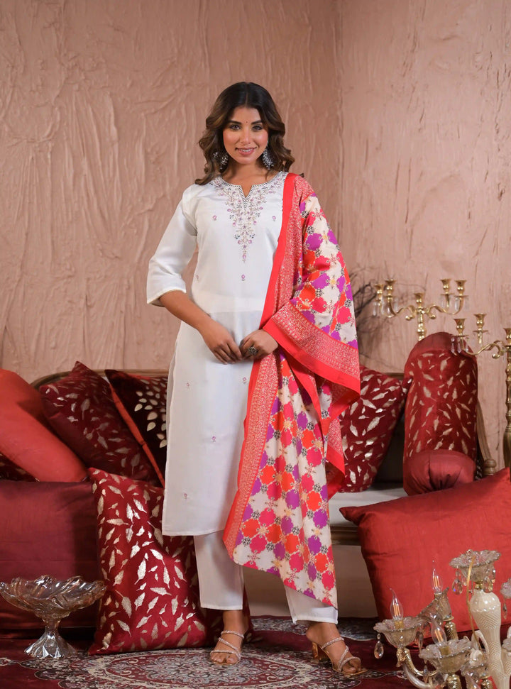White chanderi salwar kameez with dupatta