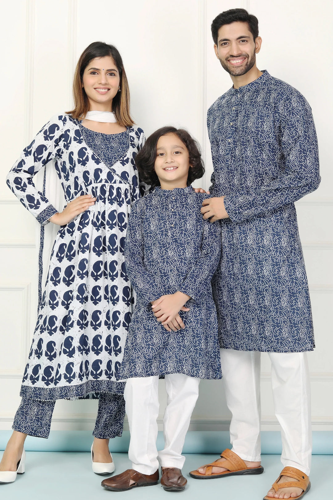 Navy and White Indigo Printed Coordinate Kurta Pyjama Family Twin Set - Perfect for Matching Outfits