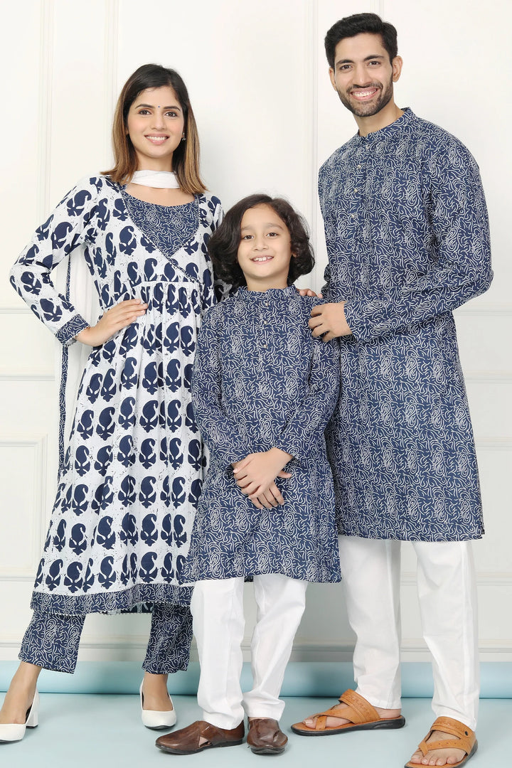 Navy and White Indigo Printed Coordinate Kurta Pyjama Family Twin Set - Perfect for Matching Outfits