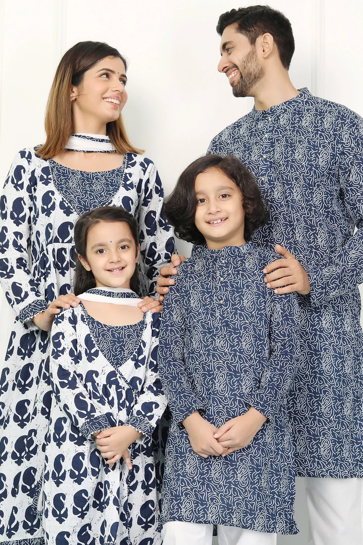 Navy and White Indigo Printed Coordinate Kurta Pyjama Family Twin Set - Perfect for Matching Outfits