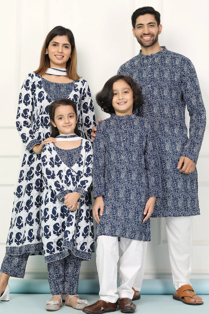 Navy and White Indigo Printed Coordinate Kurta Pyjama Family Twin Set - Perfect for Matching Outfits