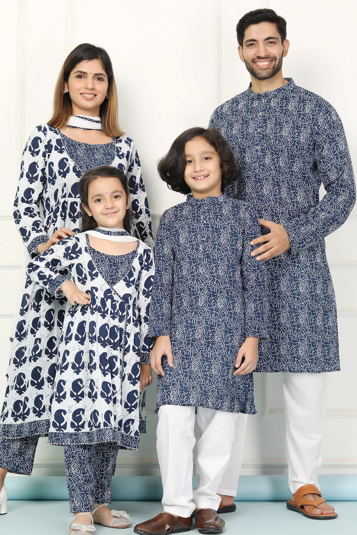 Navy and White Indigo Printed Coordinate Kurta Pyjama Family Twin Set - Perfect for Matching Outfits