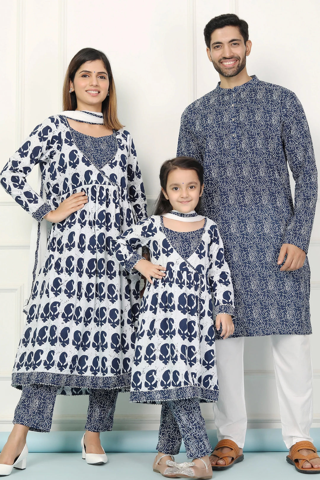 Navy and White Indigo Printed Coordinate Kurta Pyjama Family Twin Set - Perfect for Matching Outfits