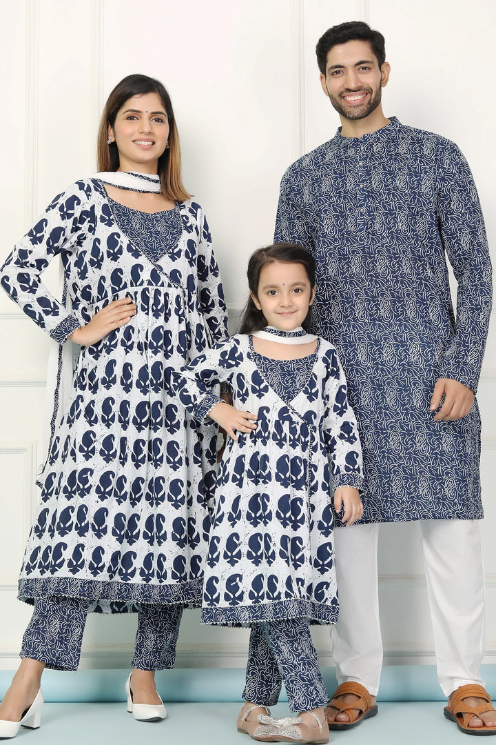 Navy and White Indigo Printed Coordinate Kurta Pyjama Family Twin Set - Perfect for Matching Outfits