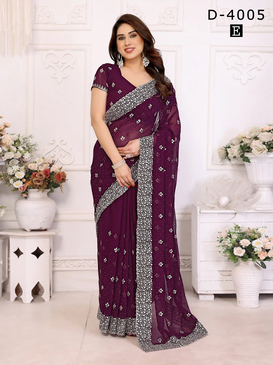 Wine Georgette Saree with Zari & Stone Work | Silverbin


