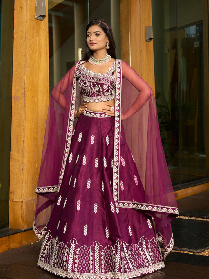 Wine art silk lehenga with embroidered blouse