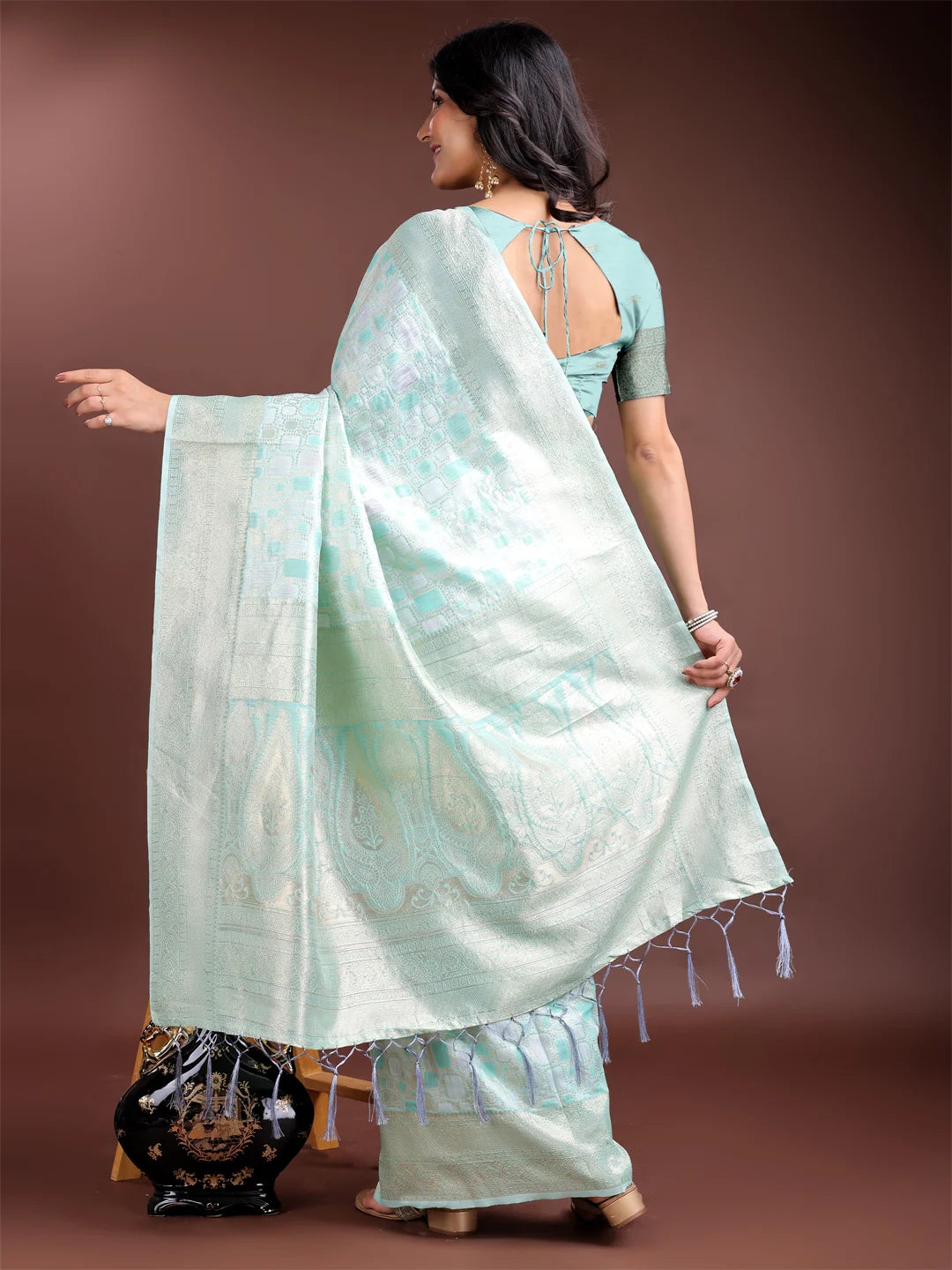 Woven sea green saree with matching blouse