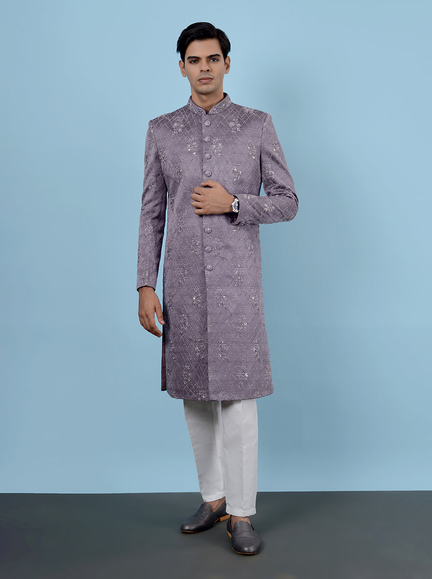 Elegant lavender Indowestern with beads and sequins for weddings