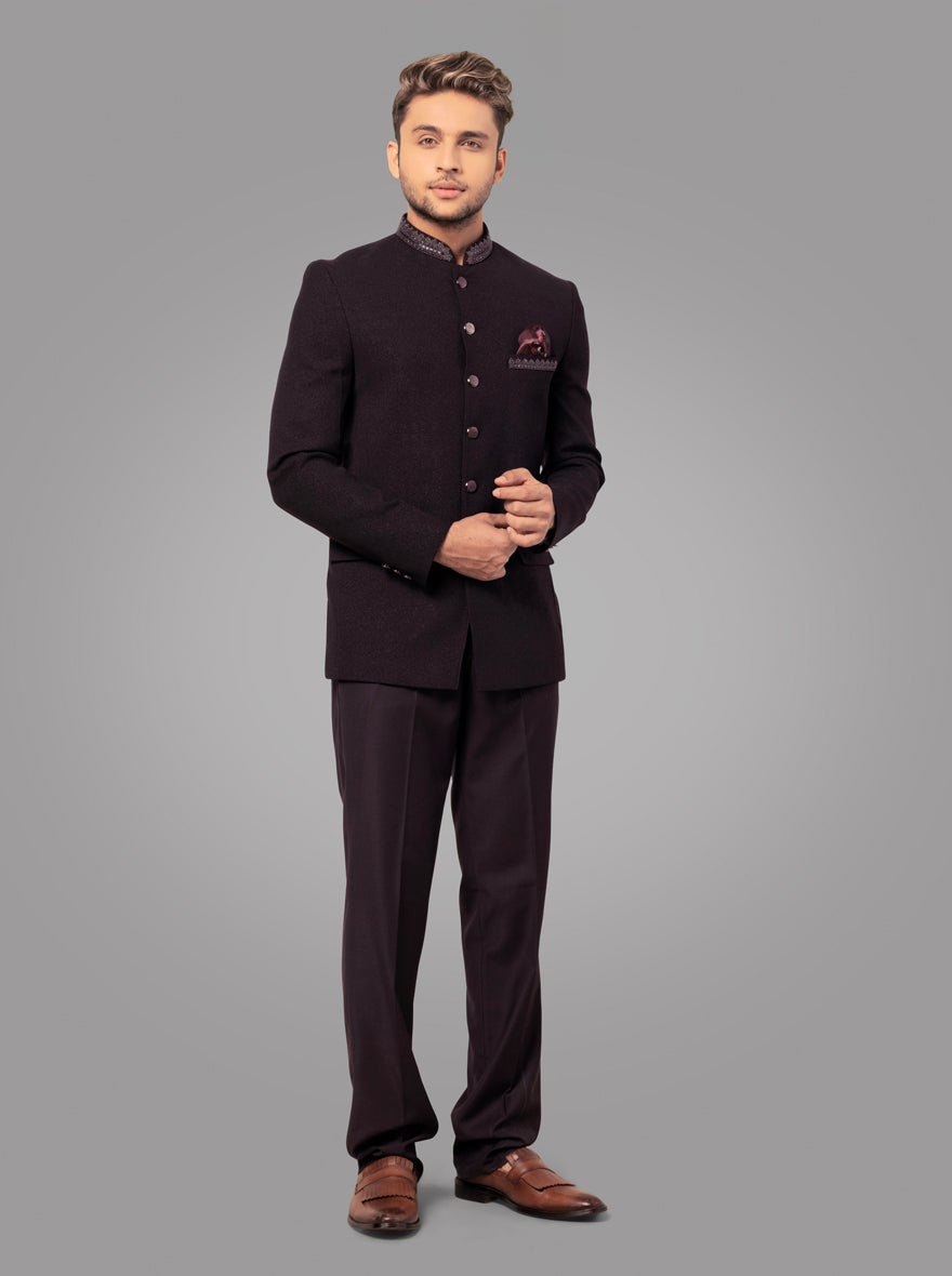 Full sleeve wine jodhpuri suit with classic regular collar, perfect for sangeet.