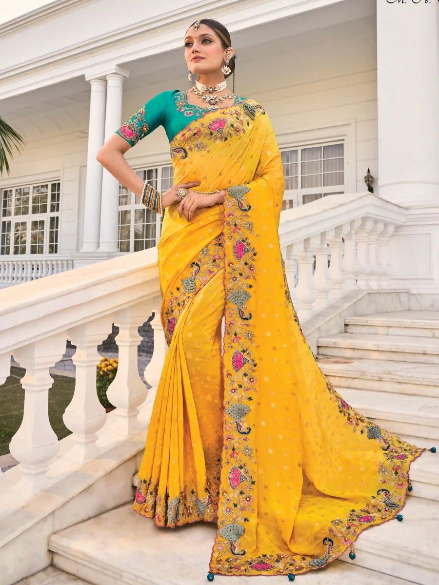 Yellow Crape Saree with Moti & 3D Heavy Work for Haldi Wear