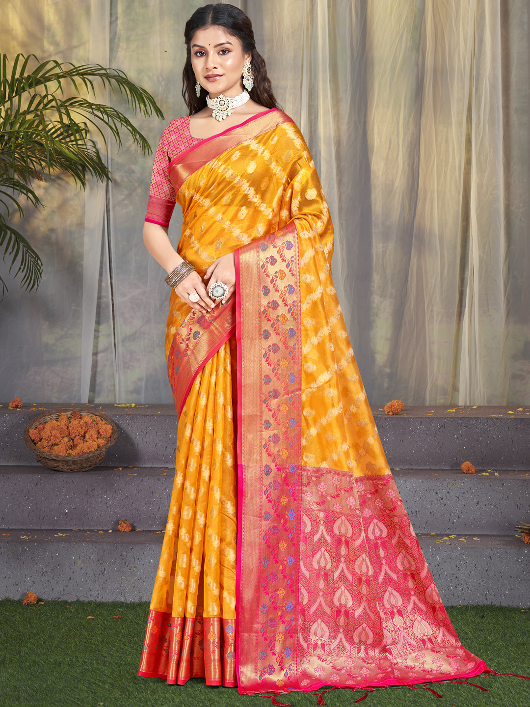 Yellow Designer Silk Saree with Jacquard Designer Work