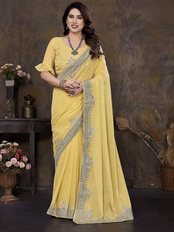Yellow Georgette Saree with Zari & Stone Work | Silverbin
