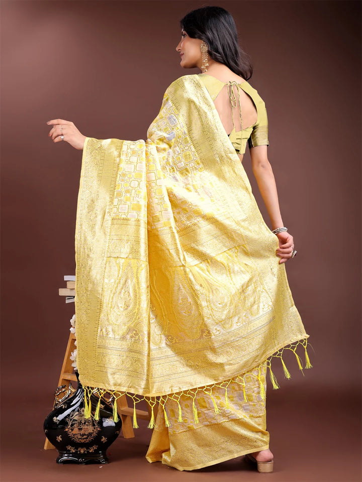 Yellow cotton blend saree with soft texture

