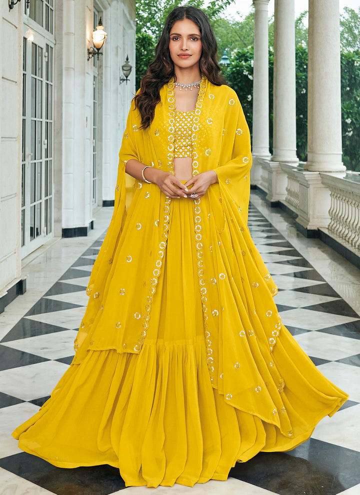 Yellow georgette lehenga with dupatta