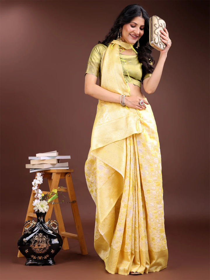 Yellow linen cotton saree with jacquard design

