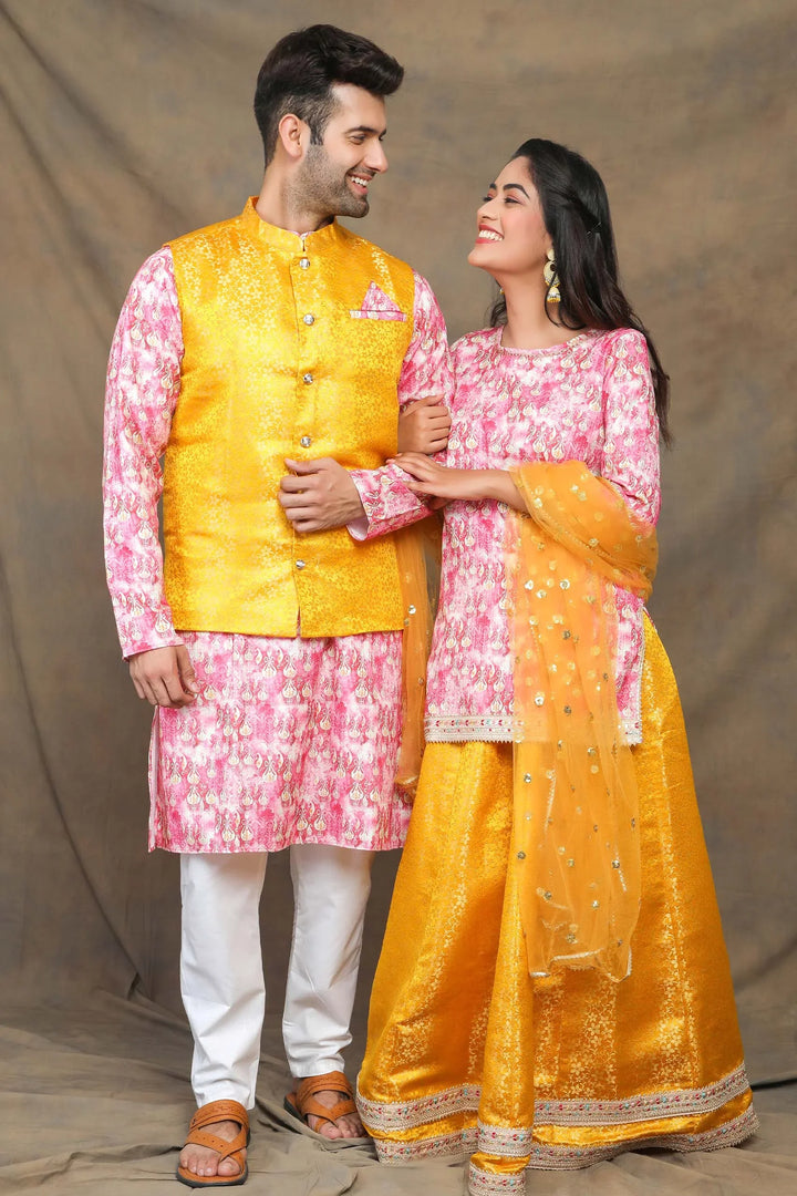 Sunny Yellow and Fuchsia floral Brocade Couple Twin Set