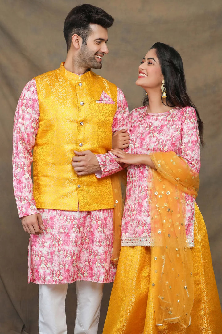 Sunny Yellow and Fuchsia floral Brocade Couple Twin Set