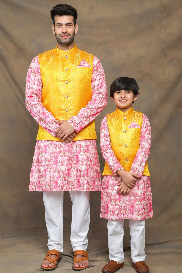 Sunny Yellow and Fuchsia floral Brocade Father and Son Twin Set