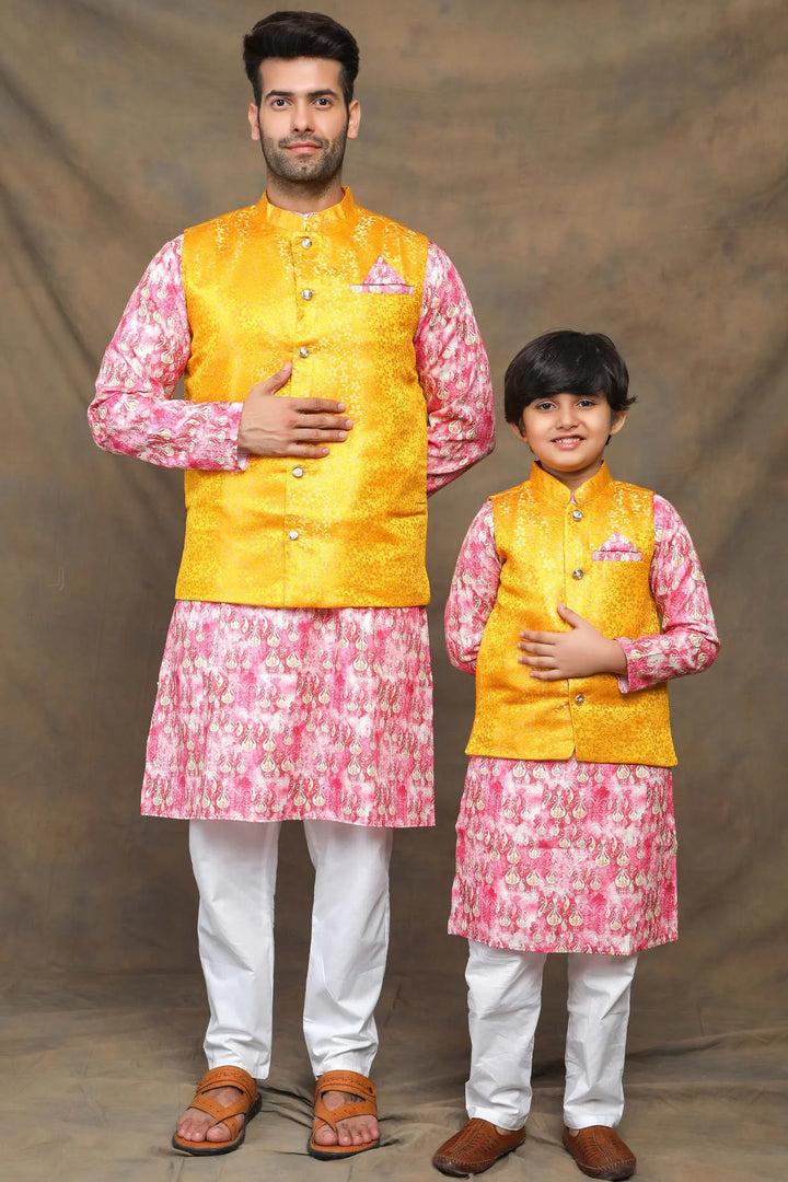 Sunny Yellow and Fuchsia floral Brocade Father and Son Twin Set