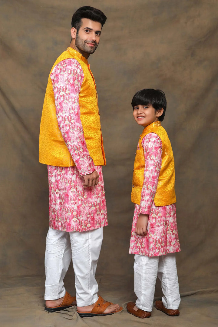 Sunny Yellow and Fuchsia floral Brocade Father and Son Twin Set