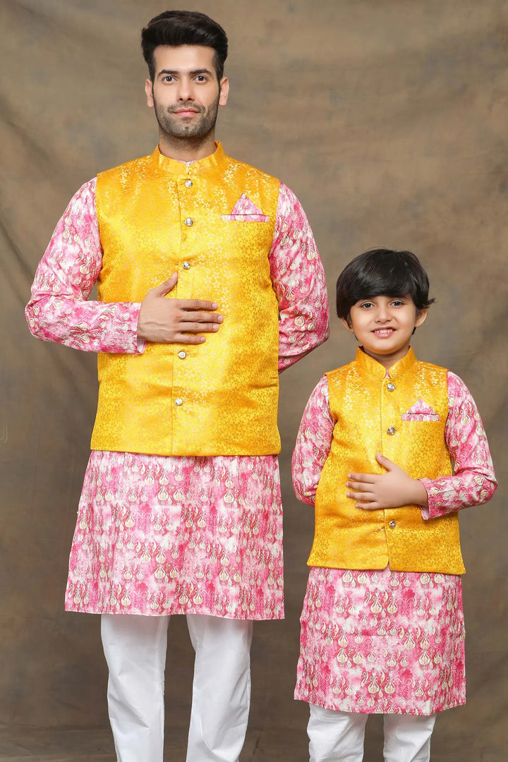 Sunny Yellow and Fuchsia floral Brocade Father and Son Twin Set