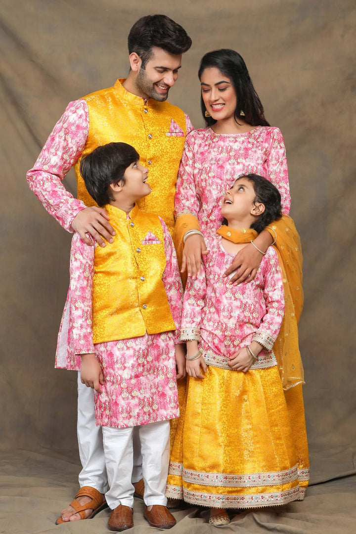 Sunny Yellow and Fuchsia floral Brocade Family Twin Set