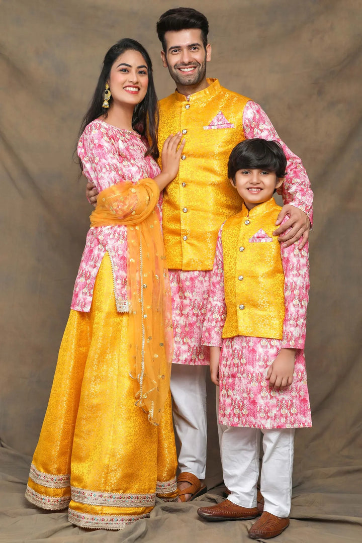 Sunny Yellow and Fuchsia floral Brocade Family Twin Set