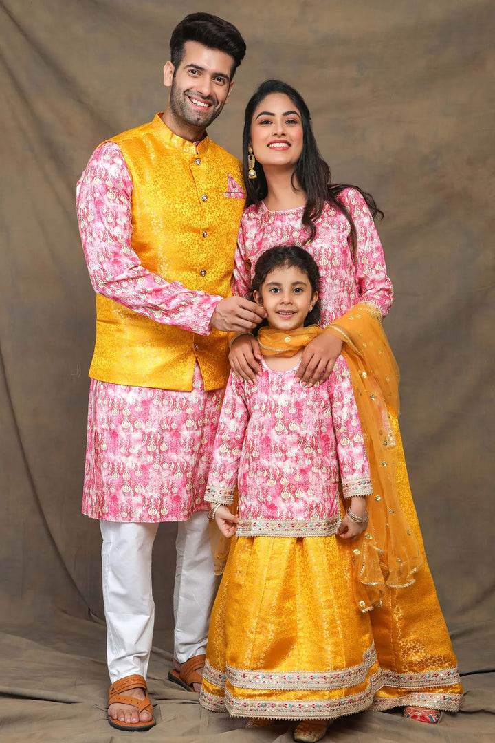 Sunny Yellow and Fuchsia floral Brocade Family Twin Set