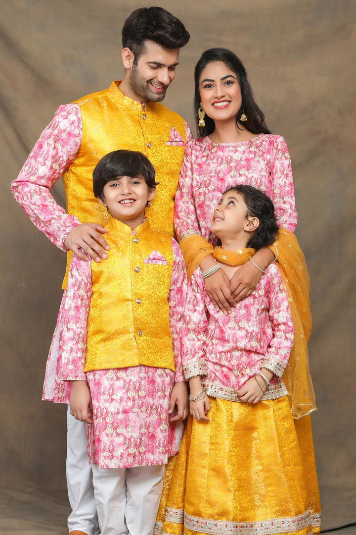 Sunny Yellow and Fuchsia floral Brocade Family Twin Set