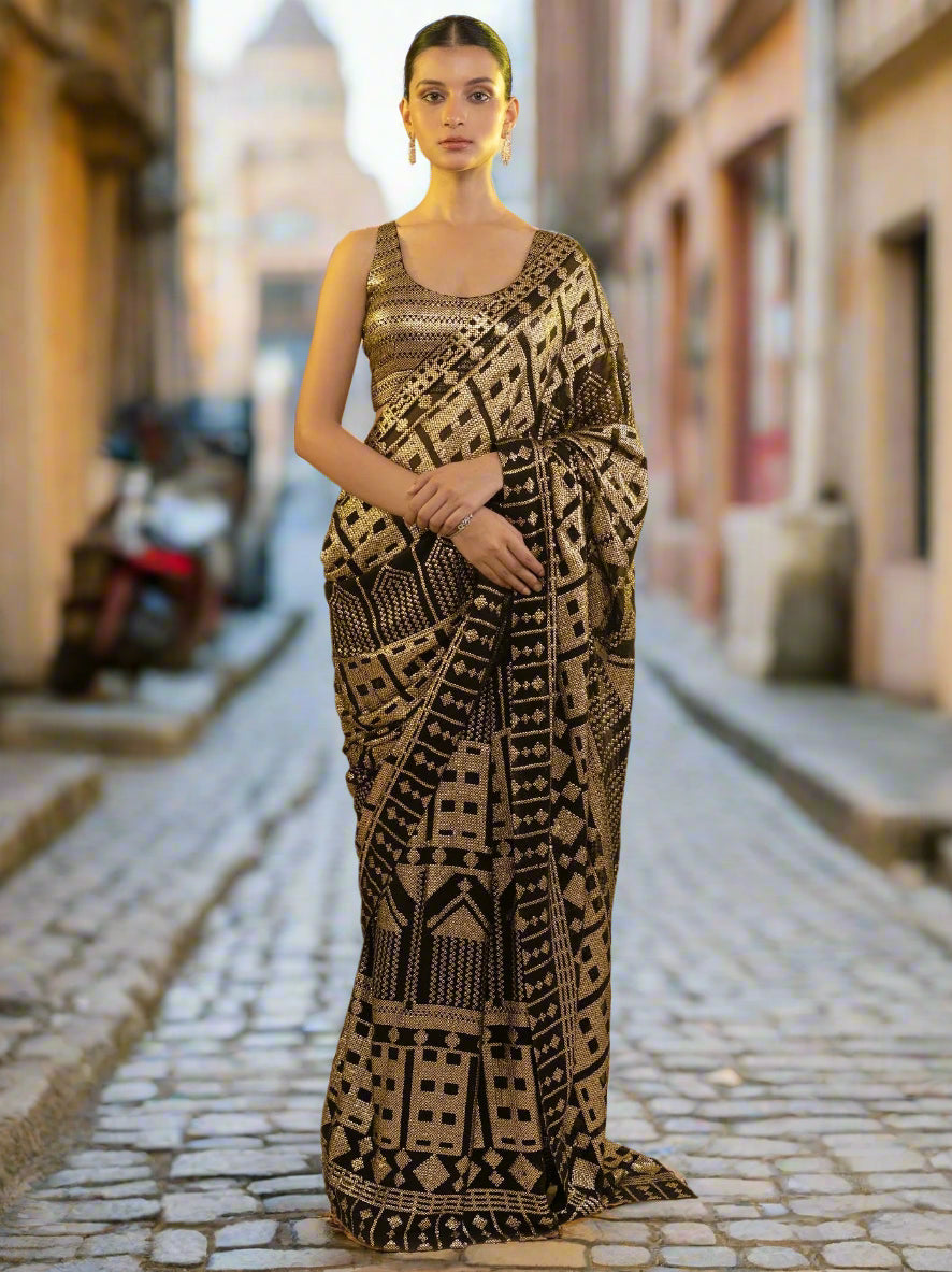 Red georgette saree crafted for elegance and style.