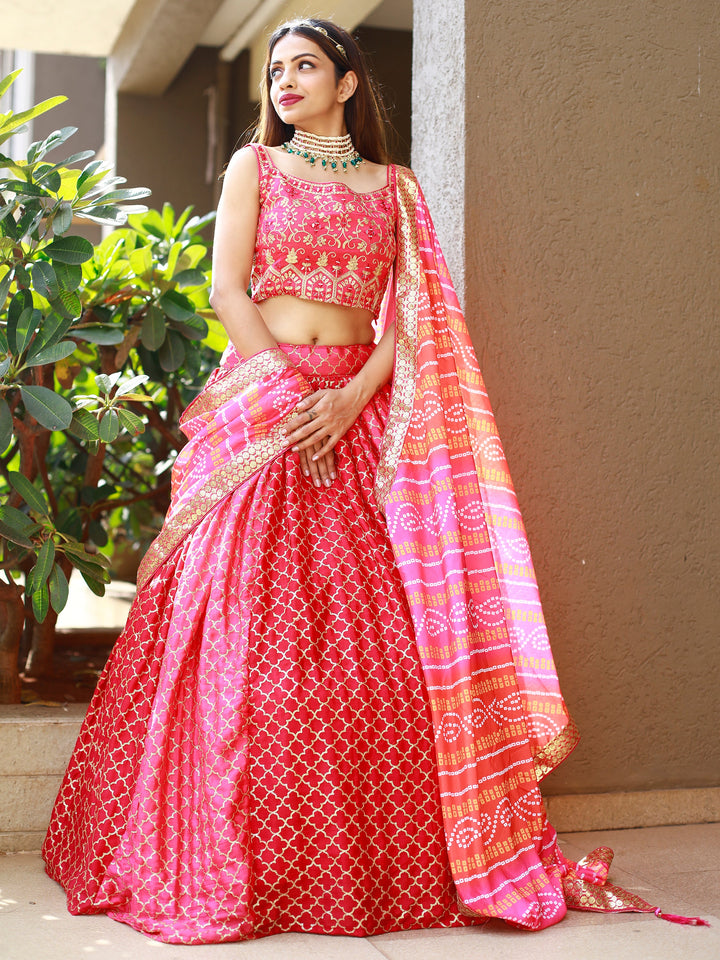 Fabulous Pink Embroidery Chinon Wedding Lehenga Choli With Dupatta