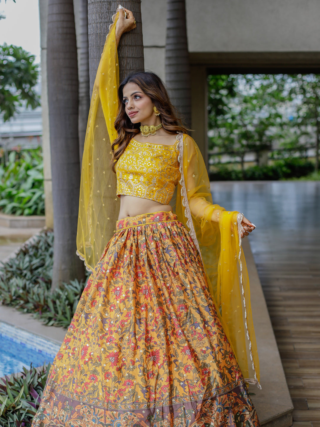 Marvelous Yellow Chinon Digital Printed Haldi Wear Lehenga Choli