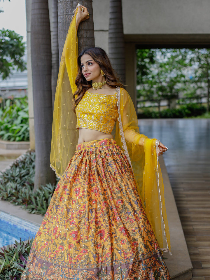 Marvelous Yellow Chinon Digital Printed Haldi Wear Lehenga Choli