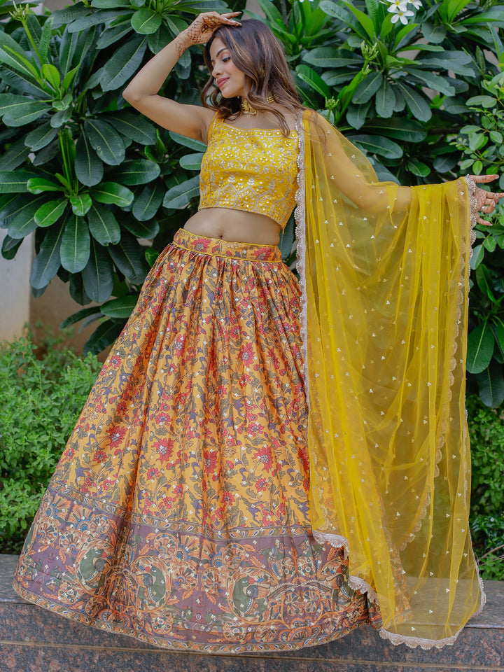 Marvelous Yellow Chinon Digital Printed Haldi Wear Lehenga Choli