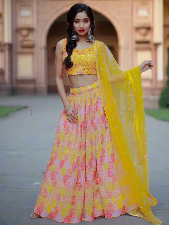 Charming Yellow Printed Organza Haldi Wear Lehenga Choli