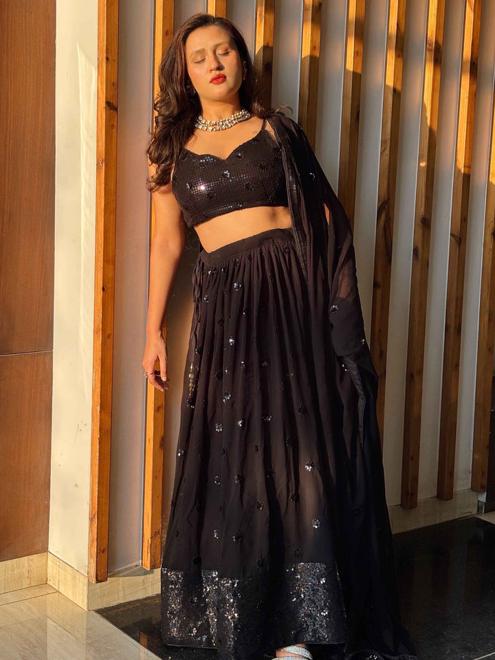 Attractive Black Sequins Georgette Party Wear Lehenga Choli