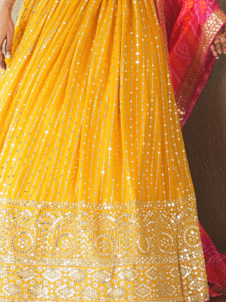 Glamorous Yellow Sequins Georgette Haldi Wear Lehenga Choli
