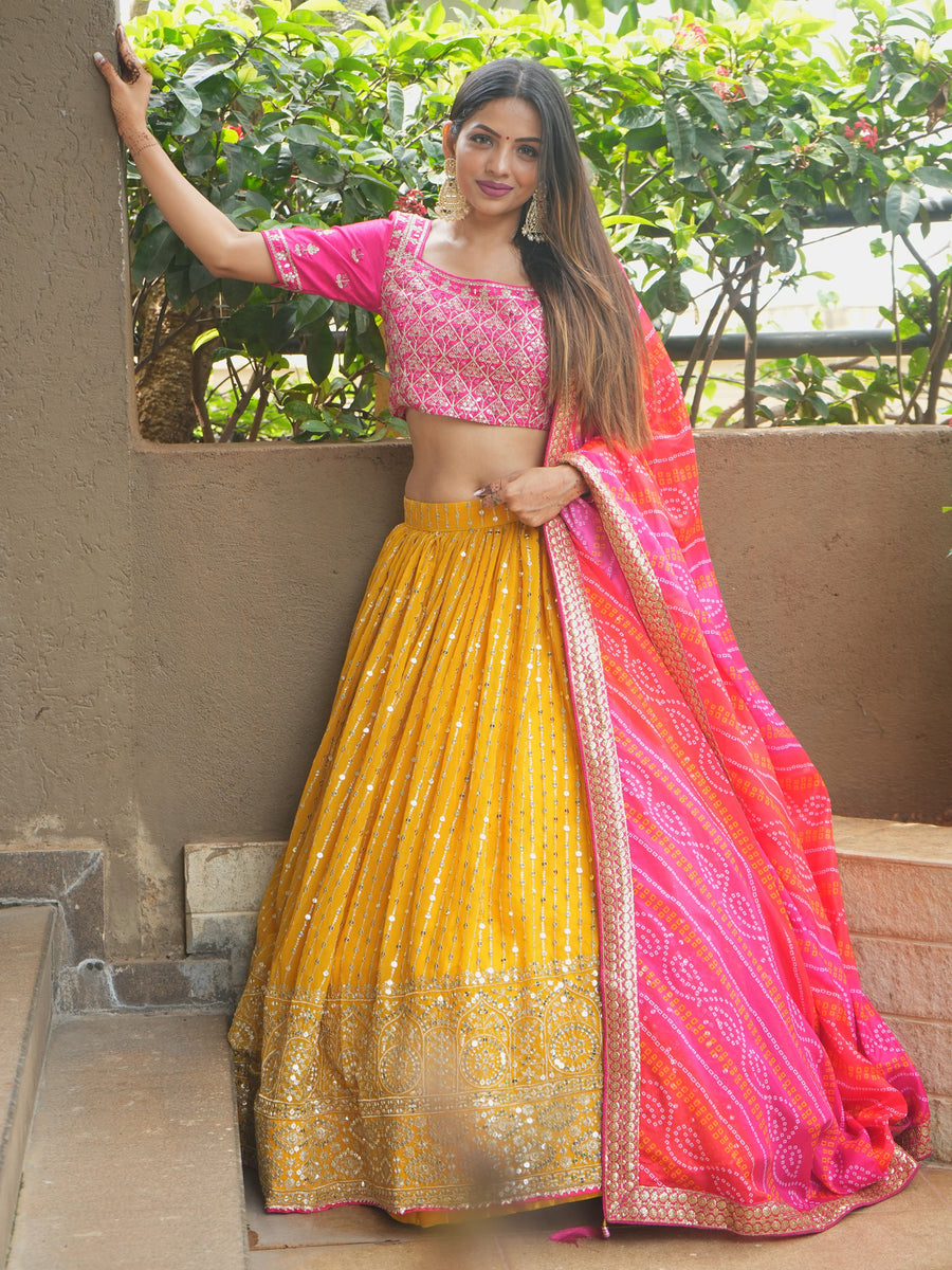 Glamorous Yellow Sequins Georgette Haldi Wear Lehenga Choli
