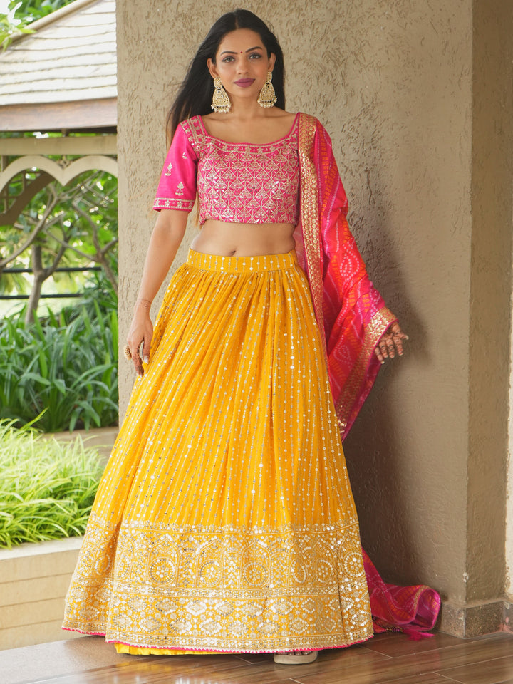 Glamorous Yellow Sequins Georgette Haldi Wear Lehenga Choli