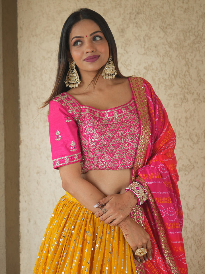 Glamorous Yellow Sequins Georgette Haldi Wear Lehenga Choli